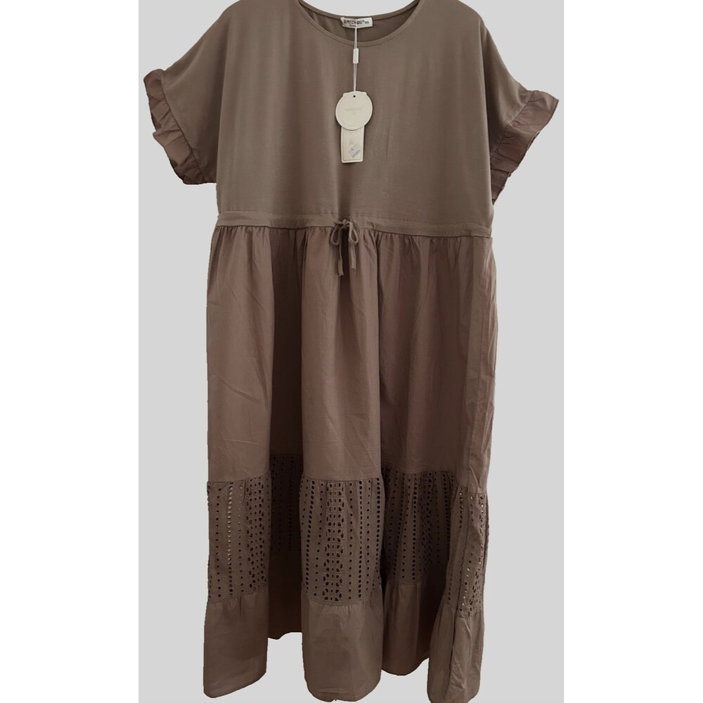 Women XL Cotton Brown Long House Dress Short Sleeve Casual Tiered Dress Boho